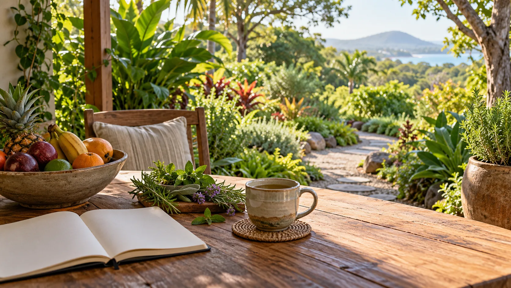 Herbal tea, fresh herbs, fruit and an open notebook on a sunlit veranda overlooking a subtropical garden.
